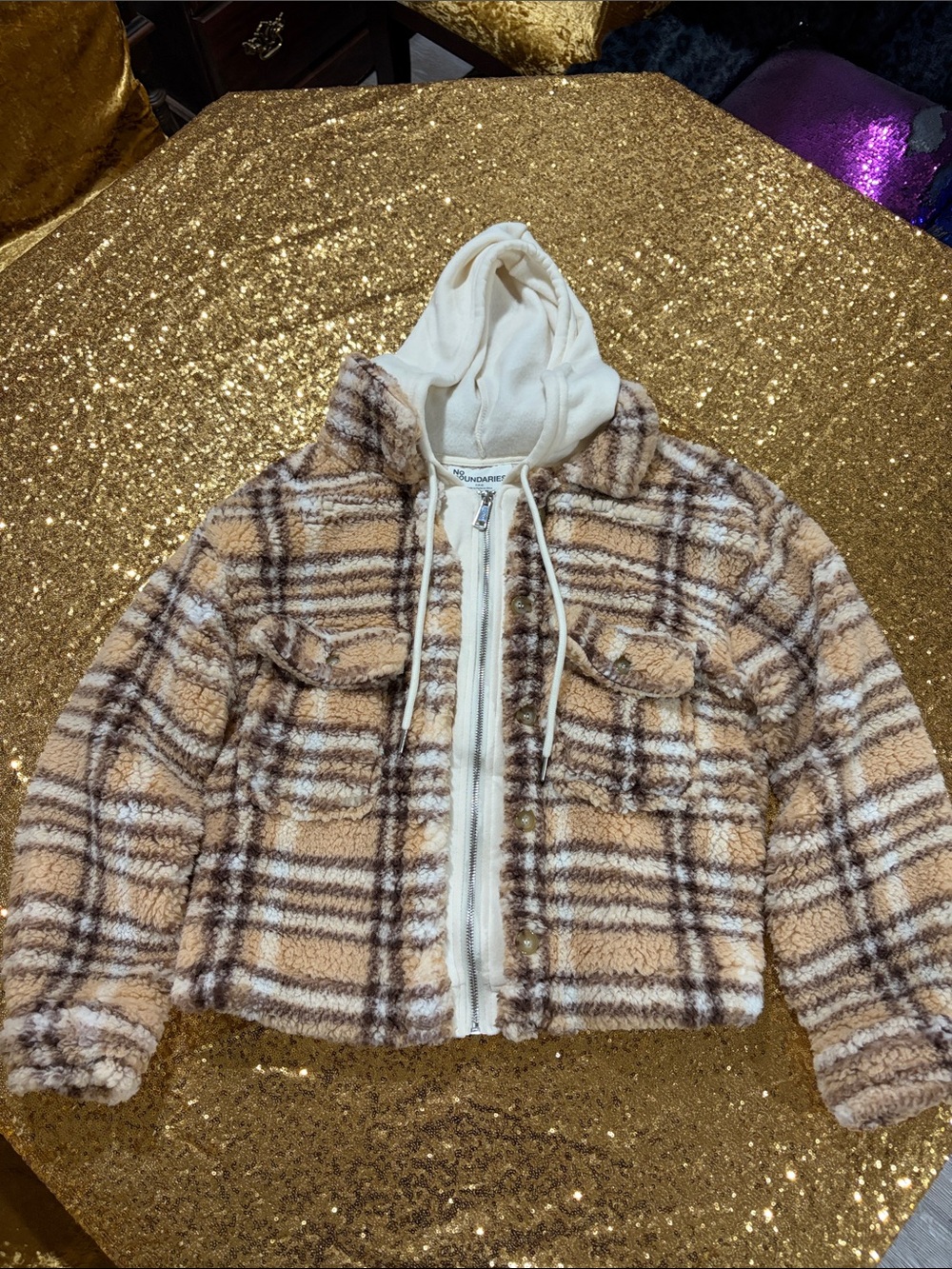 Ladies No Boundaries Plush Plaid Sherpa Jacket with Cream Hood